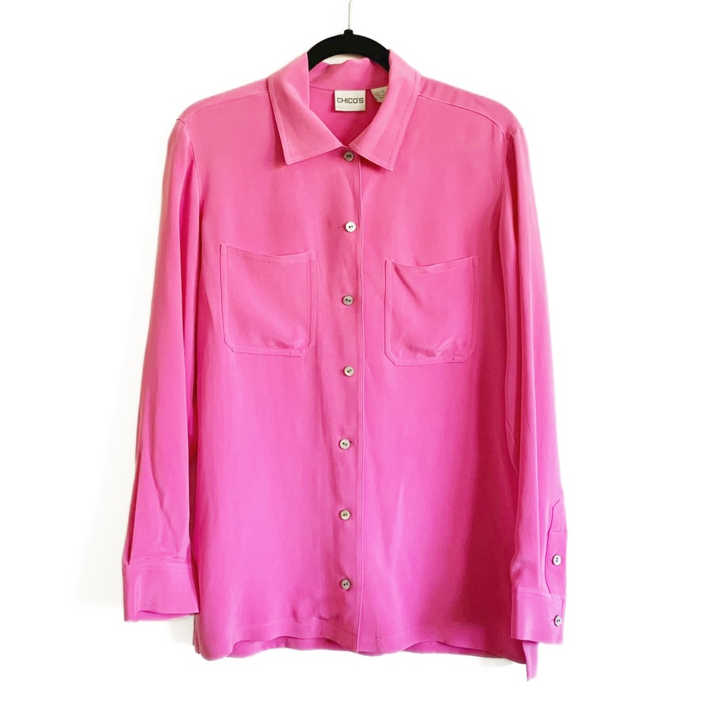 Chico’s Silk Button Front Blouse Shirt Pink Women’s Size Small